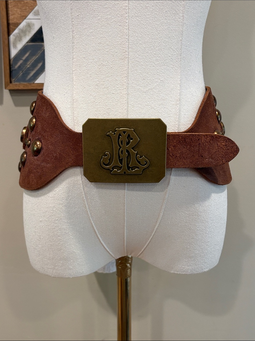 Vintage Ralph Lauren Suede Leather Wide Studded Corset Belt Distressed Brown M
